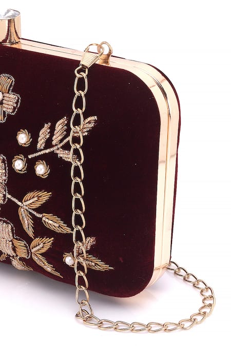 Buy_Nazaakat By Samara Singh_Maroon Embroidery, Pearls, Crystals Floral Velvet Clutch With Sling 