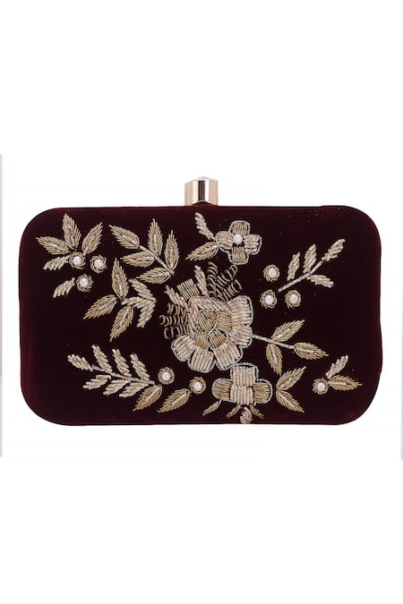 Shop_Nazaakat By Samara Singh_Maroon Embroidery, Pearls, Crystals Floral Velvet Clutch With Sling 