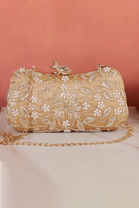 Nazaakat By Samara Singh Peach Embroidery, Pearls, Beads Floral Clutch With Detachable Sling 