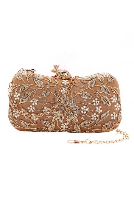 Shop Nazaakat By Samara Singh Peach Embroidery, Pearls, Beads Floral Clutch With Detachable Sling at Aza Fashions Shop_Nazaakat By Samara Singh_Peach Embroidery, Pearls, Beads Floral Clutch With Detachable Sling_at_Aza_Fashions