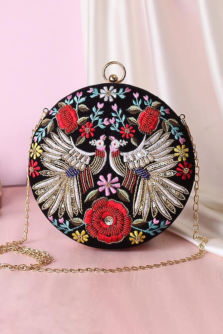 Nazaakat By Samara Singh Black Embroidery, Sequins, Beads Round Clutch With Sling 