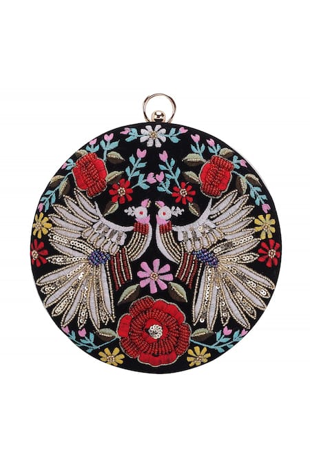 Buy Nazaakat By Samara Singh Black Embroidery, Sequins, Beads Round Clutch With Sling Buy_Nazaakat By Samara Singh_Black Embroidery, Sequins, Beads Round Clutch With Sling