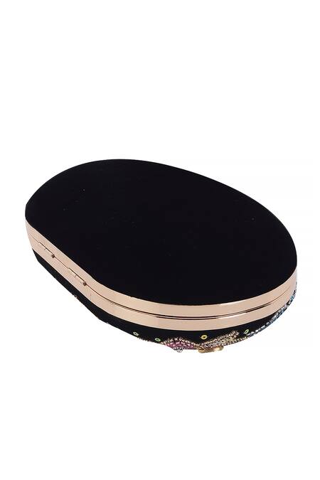 Shop_Nazaakat By Samara Singh_Black Sequins, Beads, Rhinestones, Stones Embellished And Oval Clutch_Online_at_Aza_Fashions