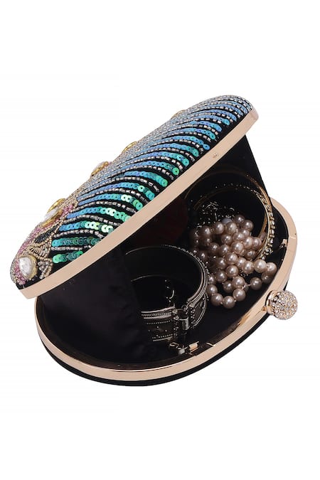 Nazaakat By Samara Singh_Black Sequins, Beads, Rhinestones, Stones Embellished And Oval Clutch_at_Aza_Fashions