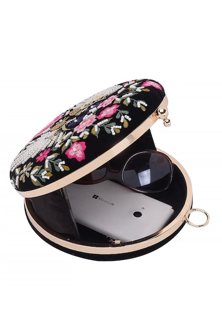 Buy Nazaakat By Samara Singh Black Embroidery, Beads, Sequins Floral And Peacock Round Clutch Online at Aza Fashions Buy_Nazaakat By Samara Singh_Black Embroidery, Beads, Sequins Floral And Peacock Round Clutch _Online_at_Aza_Fashions