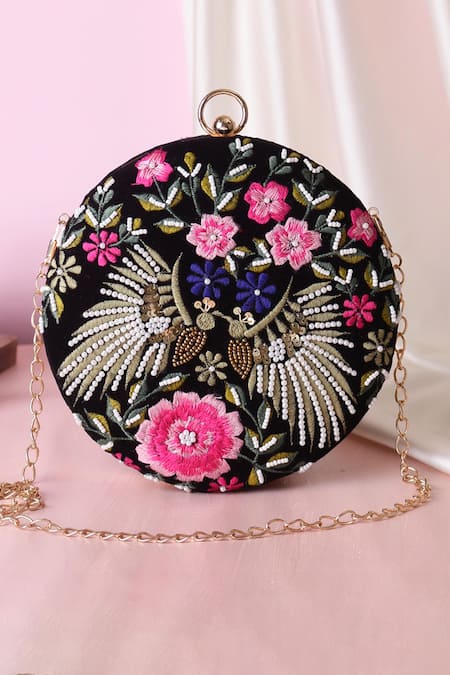 Nazaakat By Samara Singh Black Embroidery, Beads, Sequins Floral And Peacock Round Clutch 