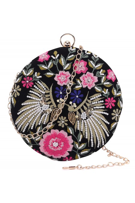 Shop Nazaakat By Samara Singh Black Embroidery, Beads, Sequins Floral And Peacock Round Clutch at Aza Fashions Shop_Nazaakat By Samara Singh_Black Embroidery, Beads, Sequins Floral And Peacock Round Clutch _at_Aza_Fashions
