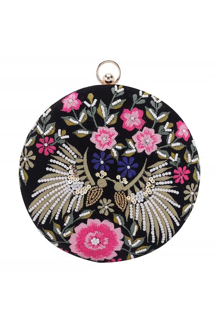 Shop Nazaakat By Samara Singh Black Embroidery, Beads, Sequins Floral And Peacock Round Clutch Online at Aza Fashions Shop_Nazaakat By Samara Singh_Black Embroidery, Beads, Sequins Floral And Peacock Round Clutch _Online_at_Aza_Fashions