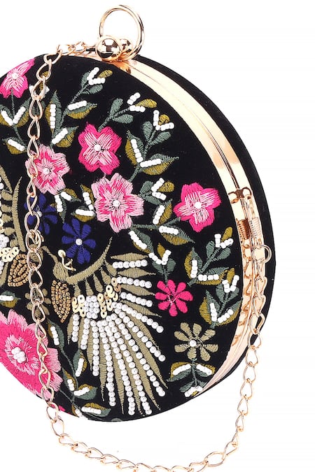 Nazaakat By Samara Singh Black Embroidery, Beads, Sequins Floral And Peacock Round Clutch at Aza Fashions Nazaakat By Samara Singh_Black Embroidery, Beads, Sequins Floral And Peacock Round Clutch _at_Aza_Fashions