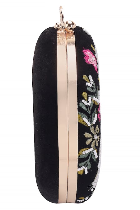 Buy Nazaakat By Samara Singh Black Embroidery, Beads, Sequins Floral And Peacock Round Clutch Buy_Nazaakat By Samara Singh_Black Embroidery, Beads, Sequins Floral And Peacock Round Clutch