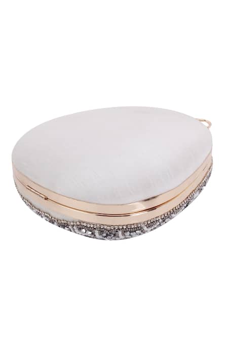 Nazaakat By Samara Singh_White Beads, Rhinestones Beaded Embellished Oval Clutch With Sling _Online_at_Aza_Fashions