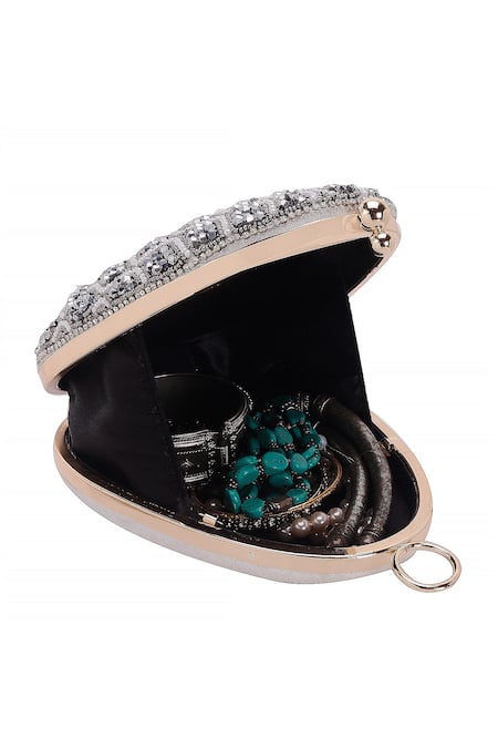 Shop_Nazaakat By Samara Singh_White Beads, Rhinestones Beaded Embellished Oval Clutch With Sling _Online_at_Aza_Fashions