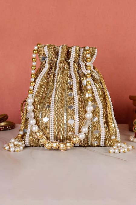 Nazaakat By Samara Singh Gold Beads, Mirrors, Sequins, Pearls, Tassels Embellished Potli Bag With Handle 