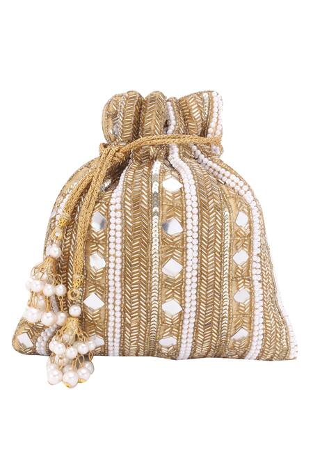 Shop_Nazaakat By Samara Singh_Gold Beads, Mirrors, Sequins, Pearls, Tassels Embellished Potli Bag With Handle _Online_at_Aza_Fashions
