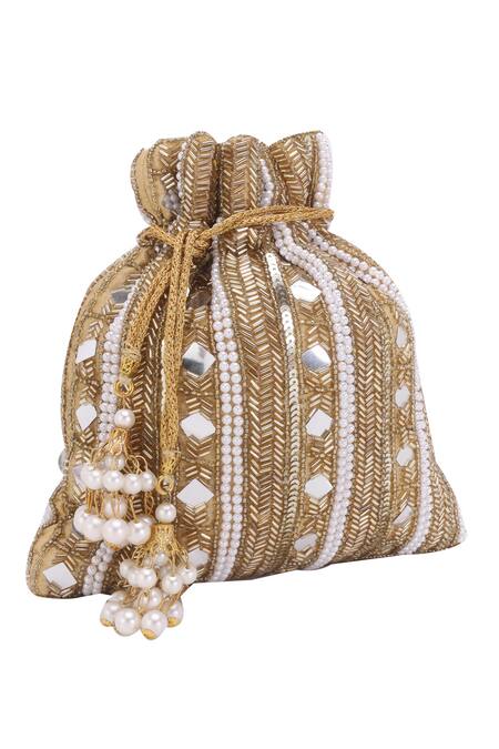 Nazaakat By Samara Singh_Gold Beads, Mirrors, Sequins, Pearls, Tassels Embellished Potli Bag With Handle _at_Aza_Fashions