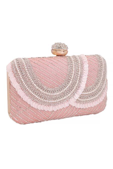 Nazaakat By Samara Singh_Pink Sequins, Beads, Rhinestones Embellished Clutch Bag With Detachable Sling_at_Aza_Fashions