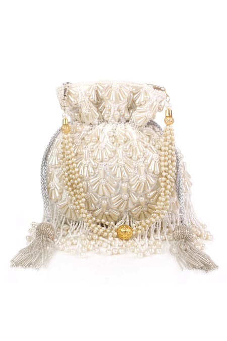 Shop Nazaakat By Samara Singh White Pearls, Beads, Tassels Embellished Drawstring Potli Bag at Aza Fashions Shop_Nazaakat By Samara Singh_White Pearls, Beads, Tassels Embellished Drawstring Potli Bag_at_Aza_Fashions
