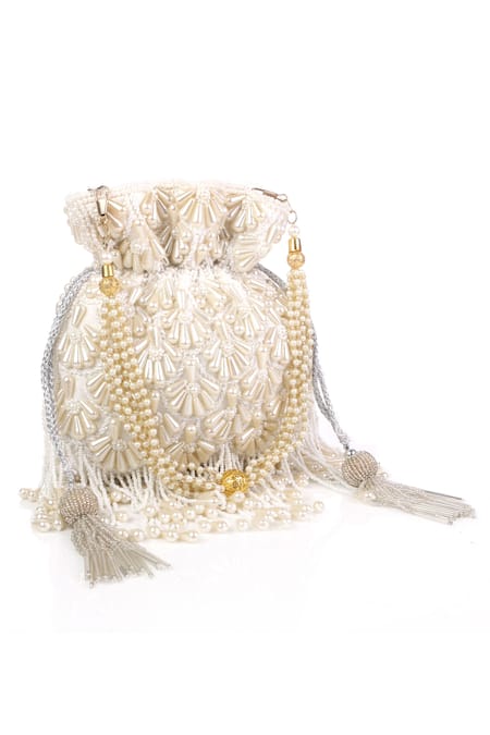 Nazaakat By Samara Singh White Pearls, Beads, Tassels Embellished Drawstring Potli Bag Online at Aza Fashions Nazaakat By Samara Singh_White Pearls, Beads, Tassels Embellished Drawstring Potli Bag_Online_at_Aza_Fashions