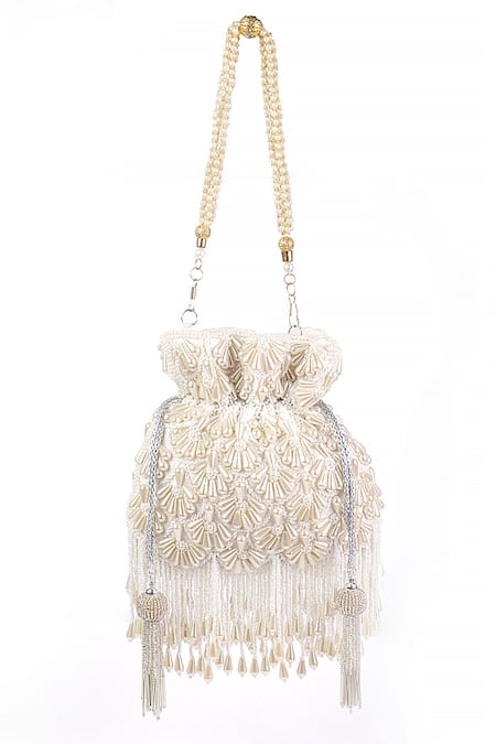 Buy Nazaakat By Samara Singh White Pearls, Beads, Tassels Embellished Drawstring Potli Bag Online at Aza Fashions Buy_Nazaakat By Samara Singh_White Pearls, Beads, Tassels Embellished Drawstring Potli Bag_Online_at_Aza_Fashions