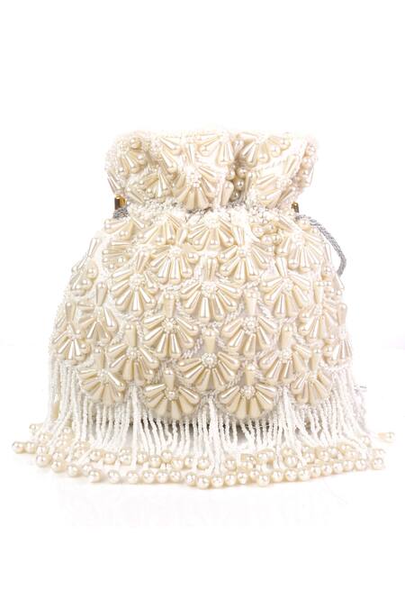 Shop Nazaakat By Samara Singh White Pearls, Beads, Tassels Embellished Drawstring Potli Bag Online at Aza Fashions Shop_Nazaakat By Samara Singh_White Pearls, Beads, Tassels Embellished Drawstring Potli Bag_Online_at_Aza_Fashions