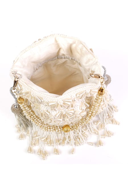 Nazaakat By Samara Singh White Pearls, Beads, Tassels Embellished Drawstring Potli Bag at Aza Fashions Nazaakat By Samara Singh_White Pearls, Beads, Tassels Embellished Drawstring Potli Bag_at_Aza_Fashions