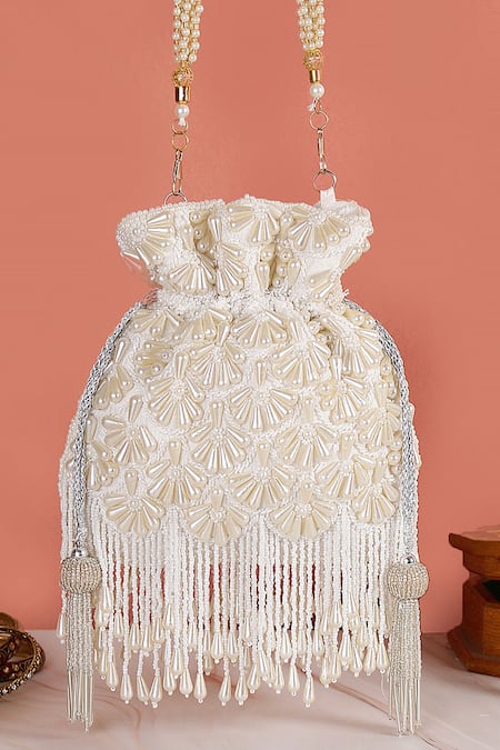 Nazaakat By Samara Singh White Pearls, Beads, Tassels Embellished Drawstring Potli Bag 