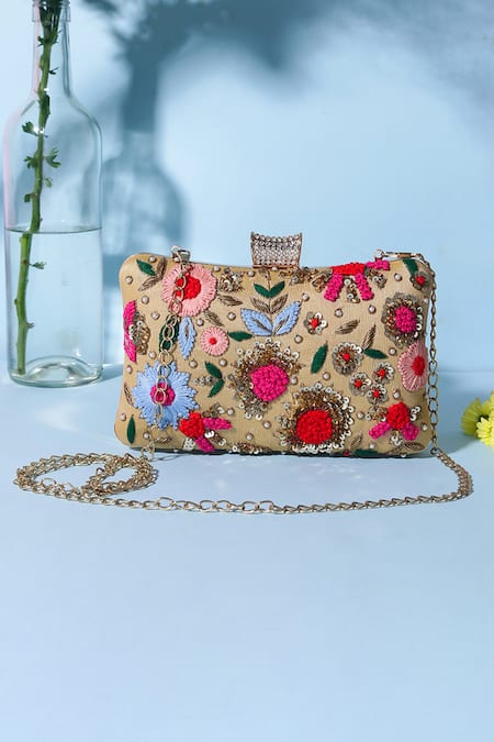 Nazaakat By Samara Singh Cream Embroidery, Sequins, Rhinestones, Pearls Floral Clutch Bag 