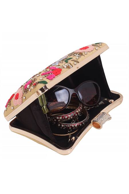 Buy_Nazaakat By Samara Singh_Cream Embroidery, Sequins, Rhinestones, Pearls Floral Clutch Bag _Online_at_Aza_Fashions
