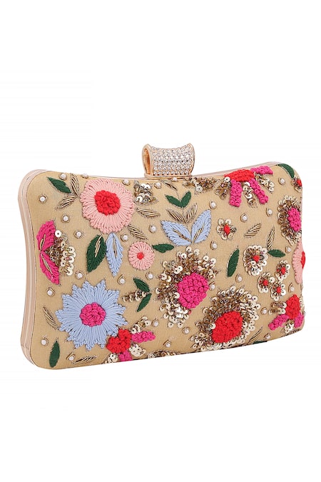 Buy_Nazaakat By Samara Singh_Cream Embroidery, Sequins, Rhinestones, Pearls Floral Clutch Bag 