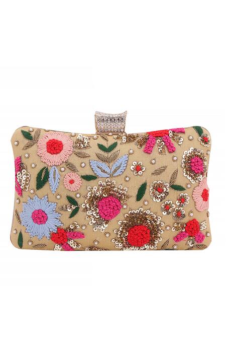 Shop_Nazaakat By Samara Singh_Cream Embroidery, Sequins, Rhinestones, Pearls Floral Clutch Bag 