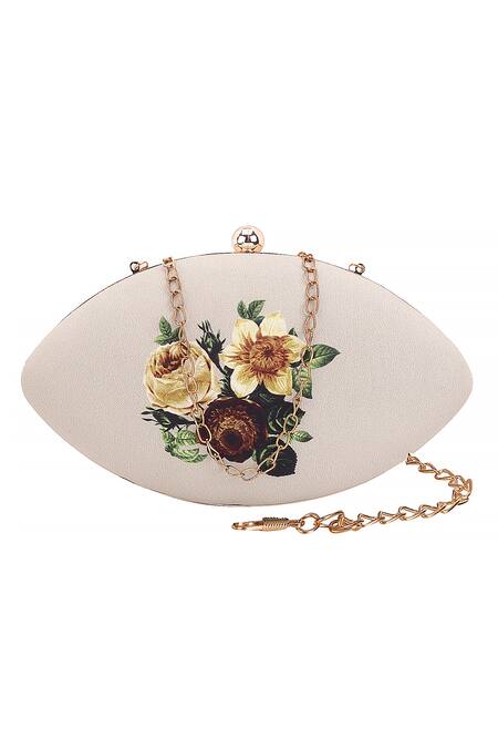 Shop Nazaakat By Samara Singh Cream Floral Printed Oval Clutch With Detachable Sling at Aza Fashions Shop_Nazaakat By Samara Singh_Cream Floral Printed Oval Clutch With Detachable Sling_at_Aza_Fashions
