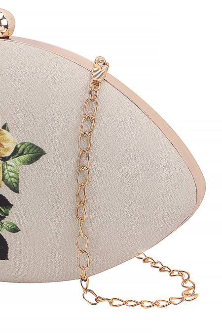 Shop Nazaakat By Samara Singh Cream Floral Printed Oval Clutch With Detachable Sling Shop_Nazaakat By Samara Singh_Cream Floral Printed Oval Clutch With Detachable Sling