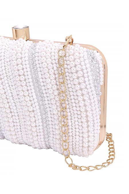 Shop_Nazaakat By Samara Singh_White Pearls, Rhinestones And Sequin Embellished Clutch 
