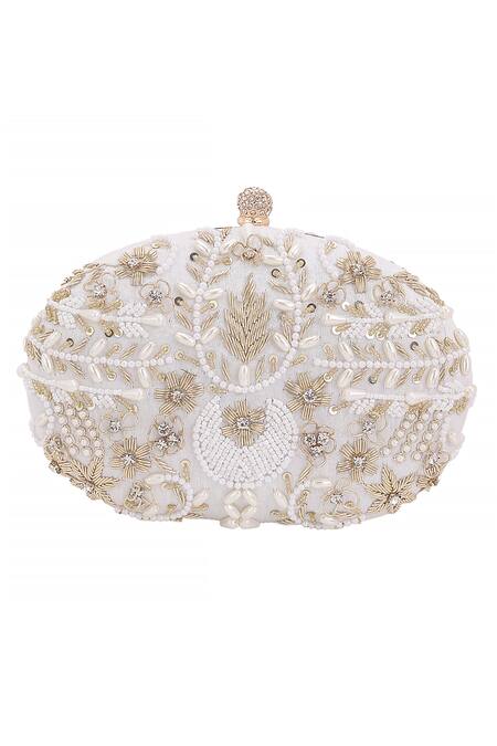 Shop_Nazaakat By Samara Singh_White Beads, Pearls, Rhinestones, Sequins, Embroidery And Clutch With Sling