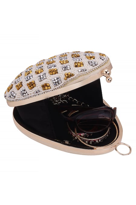 Buy_Nazaakat By Samara Singh_Cream Beads, Sequins Beaded Geometric Pattern Clutch With Sling _Online_at_Aza_Fashions