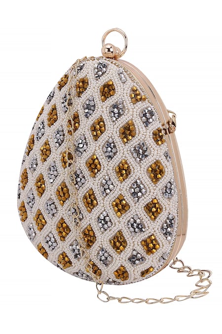 Nazaakat By Samara Singh_Cream Beads, Sequins Beaded Geometric Pattern Clutch With Sling _at_Aza_Fashions