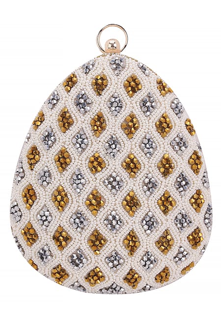 Shop_Nazaakat By Samara Singh_Cream Beads, Sequins Beaded Geometric Pattern Clutch With Sling 