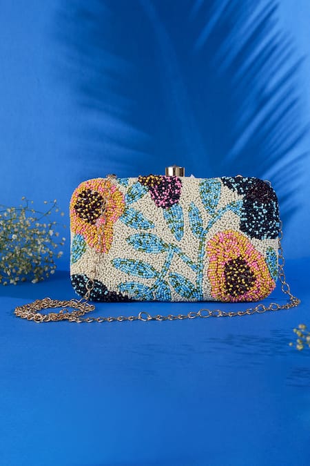 Nazaakat By Samara Singh Cream Beads, Stones Floral Beaded Clutch With Detachable Sling 