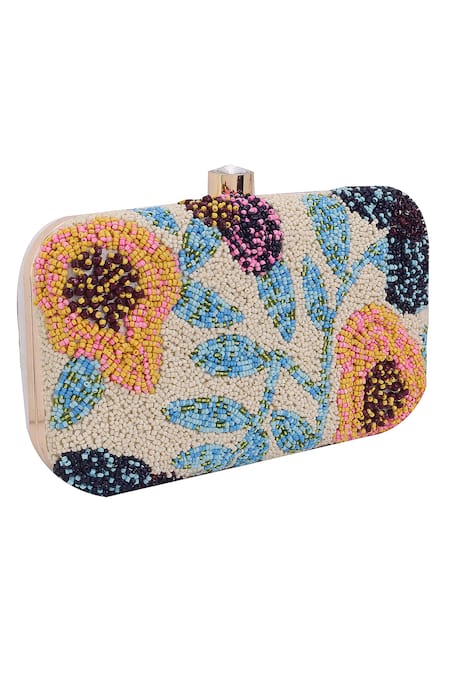 Nazaakat By Samara Singh_Cream Beads, Stones Floral Beaded Clutch With Detachable Sling _at_Aza_Fashions