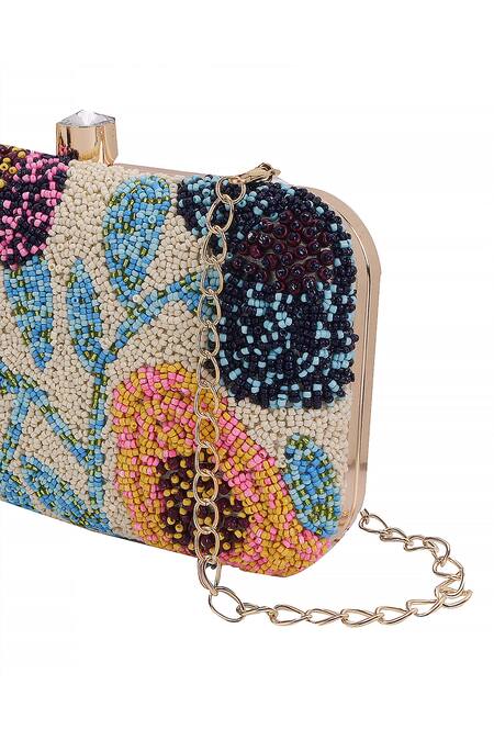 Buy_Nazaakat By Samara Singh_Cream Beads, Stones Floral Beaded Clutch With Detachable Sling 