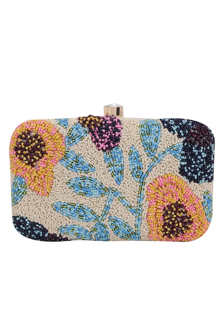Shop_Nazaakat By Samara Singh_Cream Beads, Stones Floral Beaded Clutch With Detachable Sling 