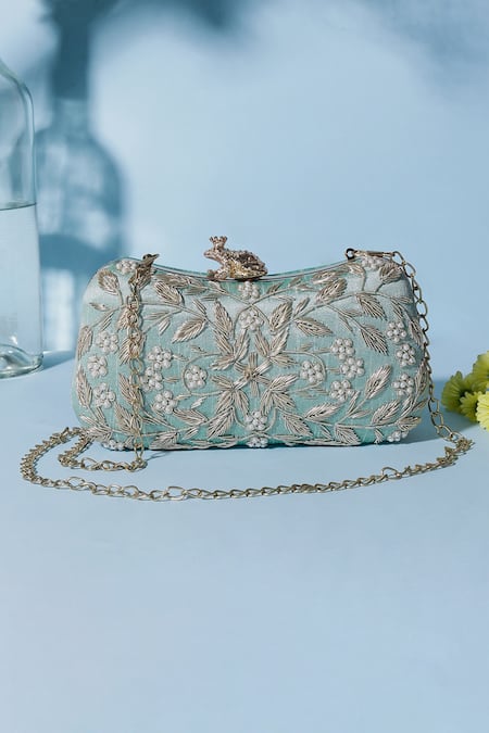 Nazaakat By Samara Singh Aqua Embroidery, Pearls Floral Clutch With Frog Closure 