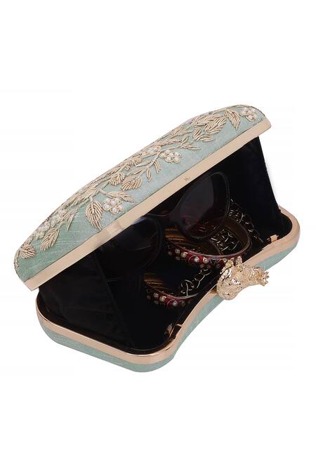 Nazaakat By Samara Singh_Aqua Embroidery, Pearls Floral Clutch With Frog Closure_Online_at_Aza_Fashions