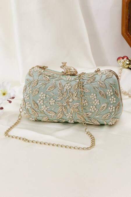 Shop_Nazaakat By Samara Singh_Aqua Embroidery, Pearls Floral Clutch With Frog Closure_Online_at_Aza_Fashions