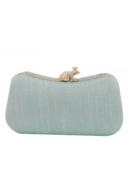 Nazaakat By Samara Singh_Aqua Embroidery, Pearls Floral Clutch With Frog Closure_at_Aza_Fashions