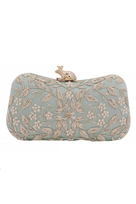 Buy_Nazaakat By Samara Singh_Aqua Embroidery, Pearls Floral Clutch With Frog Closure