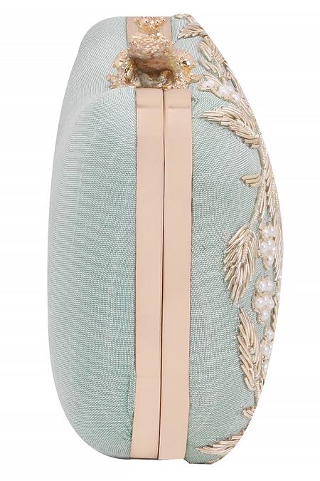 Shop_Nazaakat By Samara Singh_Aqua Embroidery, Pearls Floral Clutch With Frog Closure