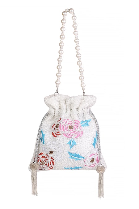Nazaakat By Samara Singh_White Beads, Embroidery, Pearls, Tassels Floral Potli Bag With Handle_Online_at_Aza_Fashions