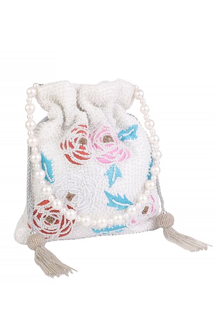 Buy_Nazaakat By Samara Singh_White Beads, Embroidery, Pearls, Tassels Floral Potli Bag With Handle_Online_at_Aza_Fashions