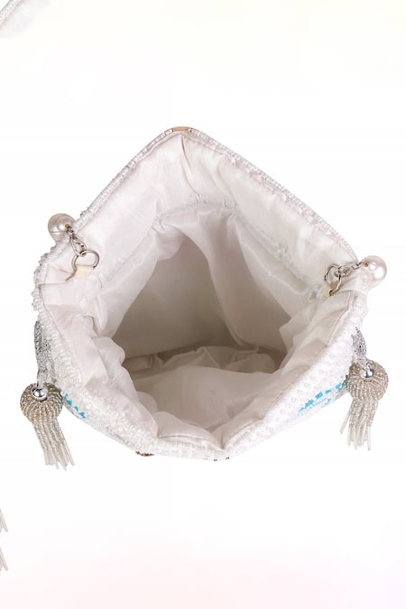 Nazaakat By Samara Singh_White Beads, Embroidery, Pearls, Tassels Floral Potli Bag With Handle_at_Aza_Fashions